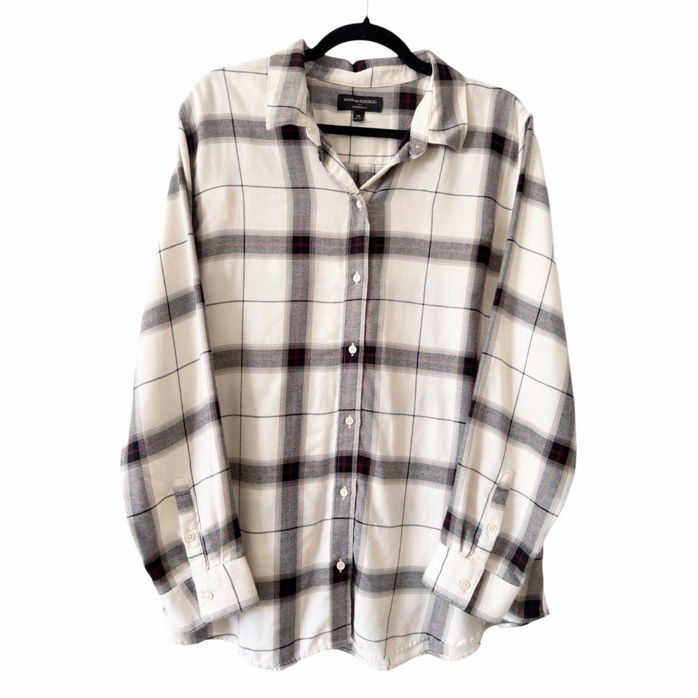 Banana Republic Shirt Top Boyfriend Fit Button Plaid Long Sleeve Black Off White - Picture 2 of 5